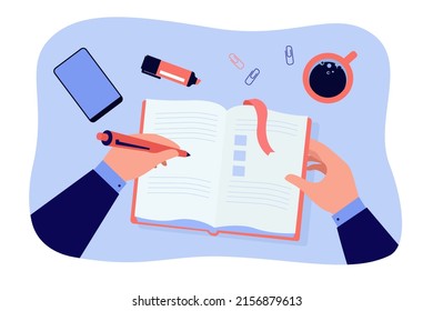 Hands Of Worker Writing To Do List In Diary Or Planner. Employee Or Student Planning Schedule Flat Vector Illustration. Time Management, Organization Concept For Banner, Website Design Or Landing Page