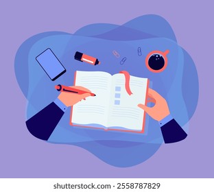 Hands of worker writing to do list in diary or planner. Employee or student planning schedule flat vector illustration. Time management, organization concept for banner, website design or landing page