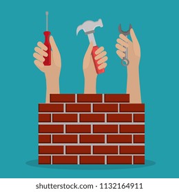 hands workers with under construction icons