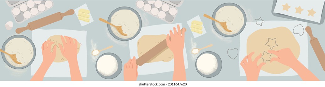 Hands working with dough preparation cookie recipe. Food flat lay on kitchen table background. Colored flat vector illustration.