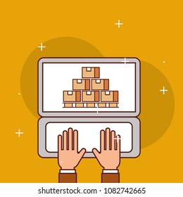 hands working laptop logistic cardboard boxes package
