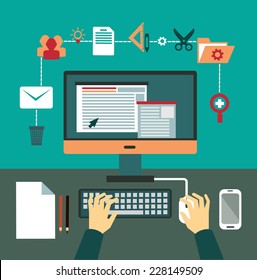 hands working on the computer illustration