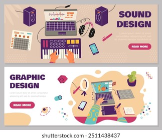 Hands working on a computer. Vector illustration of a set of two banners showing human hands doing graphic design and creating music on a computer. Flat style layout with hands. Space for text.