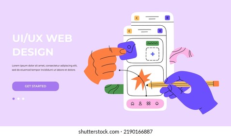 Hands working on creating interfaces for websites and mobile app. UX  UI design and programming web landing page. Hand drawn color vector illustration isolated on background. Flat cartoon style. svg