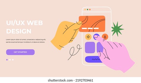 Hands working on creating interfaces for websites and mobile app. UX  UI design and programming, codding and prototyping. Hand drawn vector illustration isolated on background. Flat cartoon style.
