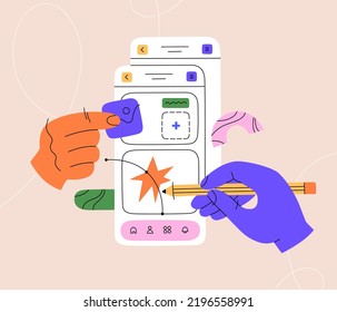 Hands working on creating interfaces for websites and mobile app. UX UI design, programming, coding web page, prototyping. Hand drawn vector illustration isolated on background. Flat cartoon style.