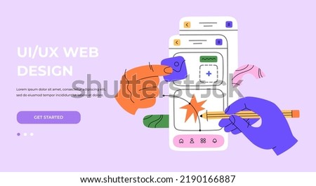 Hands working on creating interfaces for websites and mobile app. UX  UI design and programming web landing page. Hand drawn color vector illustration isolated on background. Flat cartoon style.