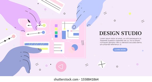 Hands Are Working On A Creation Of A Website Template, Ui Ux Design And Programming. Team Of Designers Doing Research And Prototyping. Vector Illustration For Banners, Landing Page And Ads.