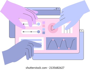 Hands are working on a creation of a website template, ui ux design and programming. Team of designers doing research and prototyping. Vector illustration for banners, landing page and ads.