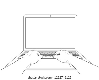 Hands working on laptop with blank screen isolated on white background. Vector illustration