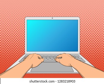 Hands working on laptop with blank screen isolated on white background. Pop Art vintage vector illustration
