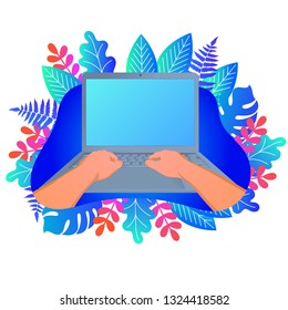 Hands working on laptop with blank screen on floral background. Vector illustration in trendy style and bright vibrant gradient colors
