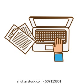 hands working on laptop computer device and paper pages icon over white background. vector illustration