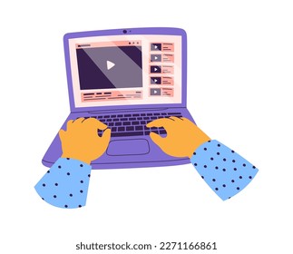 Hands working on laptop flt icon Online communication. Vector illustration