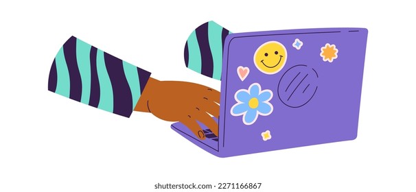 Hands working on laptop flt icon Online communication. Vector illustration
