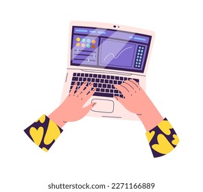 Hands working on laptop flt icon Online communication. Vector illustration
