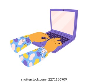 Hands working on laptop flt icon Online communication. Vector illustration
