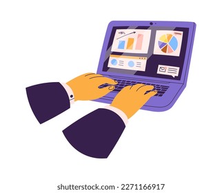 Hands working on laptop flt icon Online communication. Vector illustration