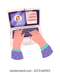 Hands working on laptop flt icon Online communication. Vector illustration