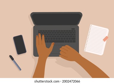 Hands working on the laptop. Notepaper, phone and marker on the table. Top-down view. Modern vector illustrated banner, web. Work from home concept.