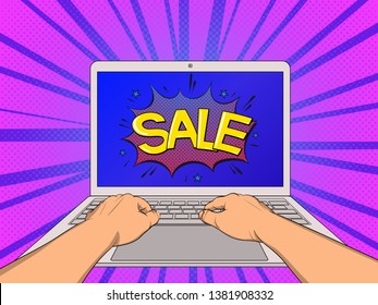 Hands working on laptop with a text Sale on the screen. Pop Art vintage vector illustration
