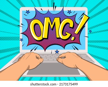 Hands working on laptop with a text OMG on the screen. Pop Art vintage vector illustration