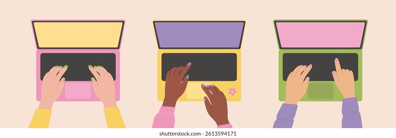 Hands working on laptops. Set of vector illustrations of people with computers in flat style. Business, communication concept. Design elements for web banner or sites.