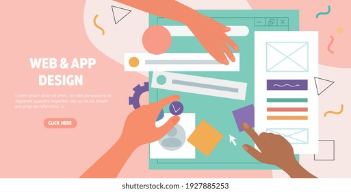 Hands working on the layout of a web page and app design for a digital device viewed from above, flat cartoon colored vector illustration