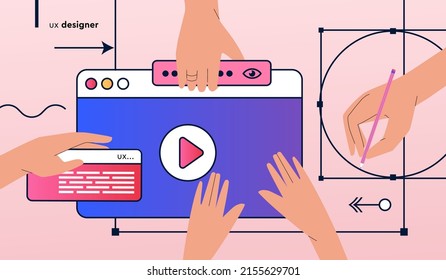 Hands Working On Website Or App, Ui Ux Design And Programming. The Design Team Is Engaged In Research And Prototyping. Web Studio Or App Concept For Banner, Advertisement. Vector Illustration