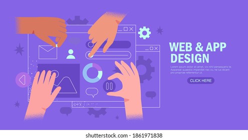 Hands are working on website or application, ui ux design and programming. Team of designers doing research and prototyping. Web studio or mobile application concept for banner, ads, landing page.