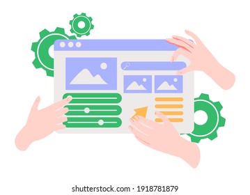 Hands are working on website or application, ui ux design and programming. Team of designers doing research and prototyping. Web studio or mobile application concept for banner, ads, landing page.