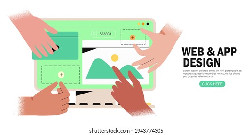 Hands are working on website or application, ui ux design and programming. Team of designers doing research and prototyping. Web studio or mobile application concept for banner, ads, landing page.