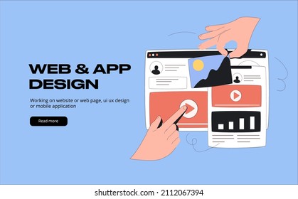 Hands are working on website or web page, ui ux design or mobile application redesign. Studio or agency prototyping or coding web page. Mobile app development vector illustration in outline style.