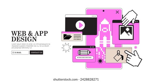 Hands are working on website or web page, ui ux design or mobile application redesign. Studio or agency prototyping or coding web page. Mobile app development vector illustration in collage style.