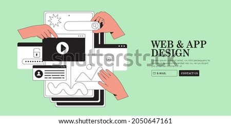 Hands are working on website or web page, ui ux design or mobile application redesign. Studio or agency prototyping or coding web page. Mobile app development vector illustration in outline style.