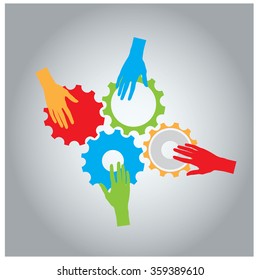 Hands working together with some gear icons on a grey background