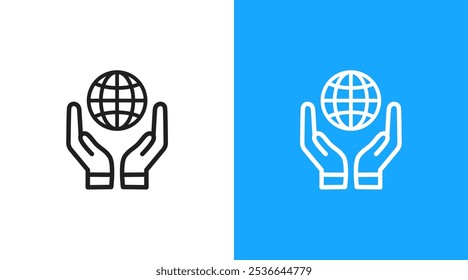 Hands and world global earth logo icon. Hands holding global world symbol. Hands giving global earth. World global earth care logo icon design template