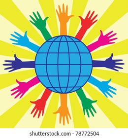 Hands and world globe. Abstract illustration.