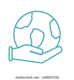 Hands with world line style icon design of Humanity help cooperation together unity support covid 19 2019 community and union theme Vector illustration
