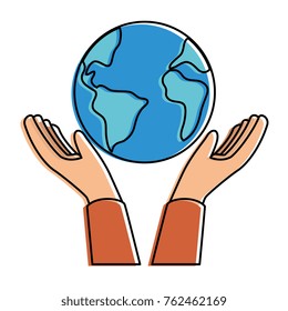 hands with world planet earth icon