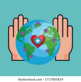 hands and world planet with particles covid 19 vector illustration design