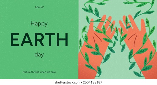 Hands wrapped in green vines on green background. Concept of connection with nature, ecological responsibility and sustainable care. Flat vector illustration for International Mother Earth Day