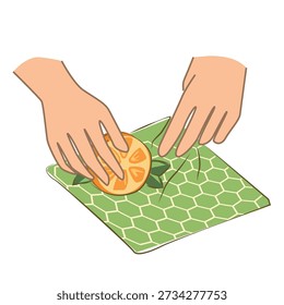 Hands Wrapping Fresh Citrus with Reusable Beeswax Wrap in Flat Vector Style Demonstrating Zero Waste Food Storage
