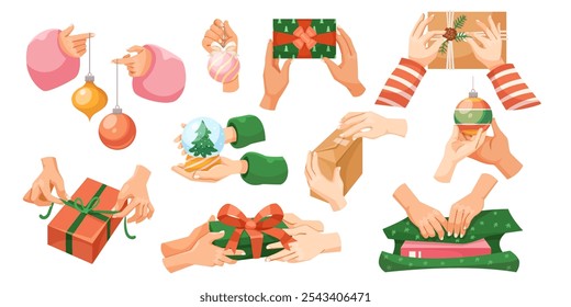 Hands wrapping gifts and ornaments for the holidays. Vector illustration