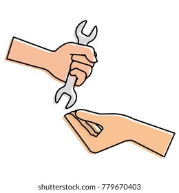 hands with wrench tool isolated icon
