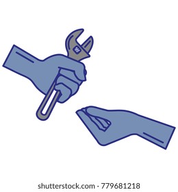 hands with wrench tool isolated icon
