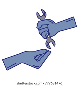 hands with wrench tool isolated icon