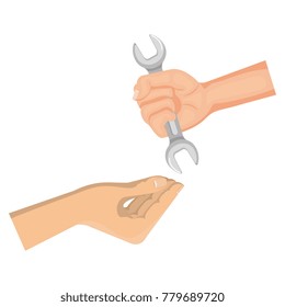 hands with wrench tool isolated icon