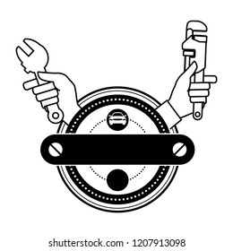 hands with wrenchs keys label