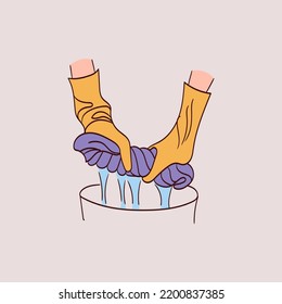 hands wring out a rag for the floor. Housework concept. Hand drawn Vector illustrations.